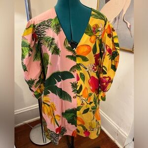 FARM RIO Mixed Prints Puff Sleeves Chemise Dress Button Front Tropical Medium